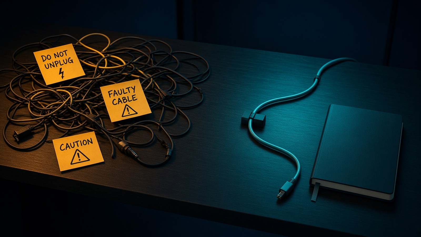 Tangled warning path contrasted with a clean teal path