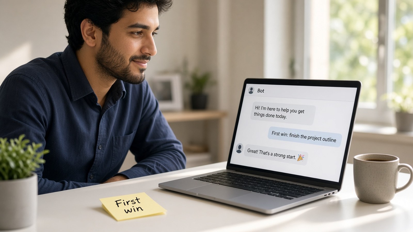 Young man at first bot chat with First win sticky