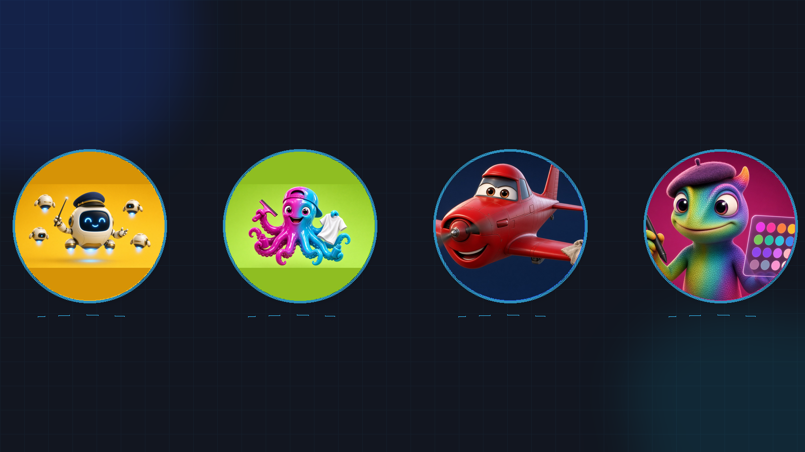 Four circular bot avatars in a row — floating robot conductor, ink octopus with tee and squeegee, red oil-can plane, beret chameleon with stylus — on a dark charcoal grid.