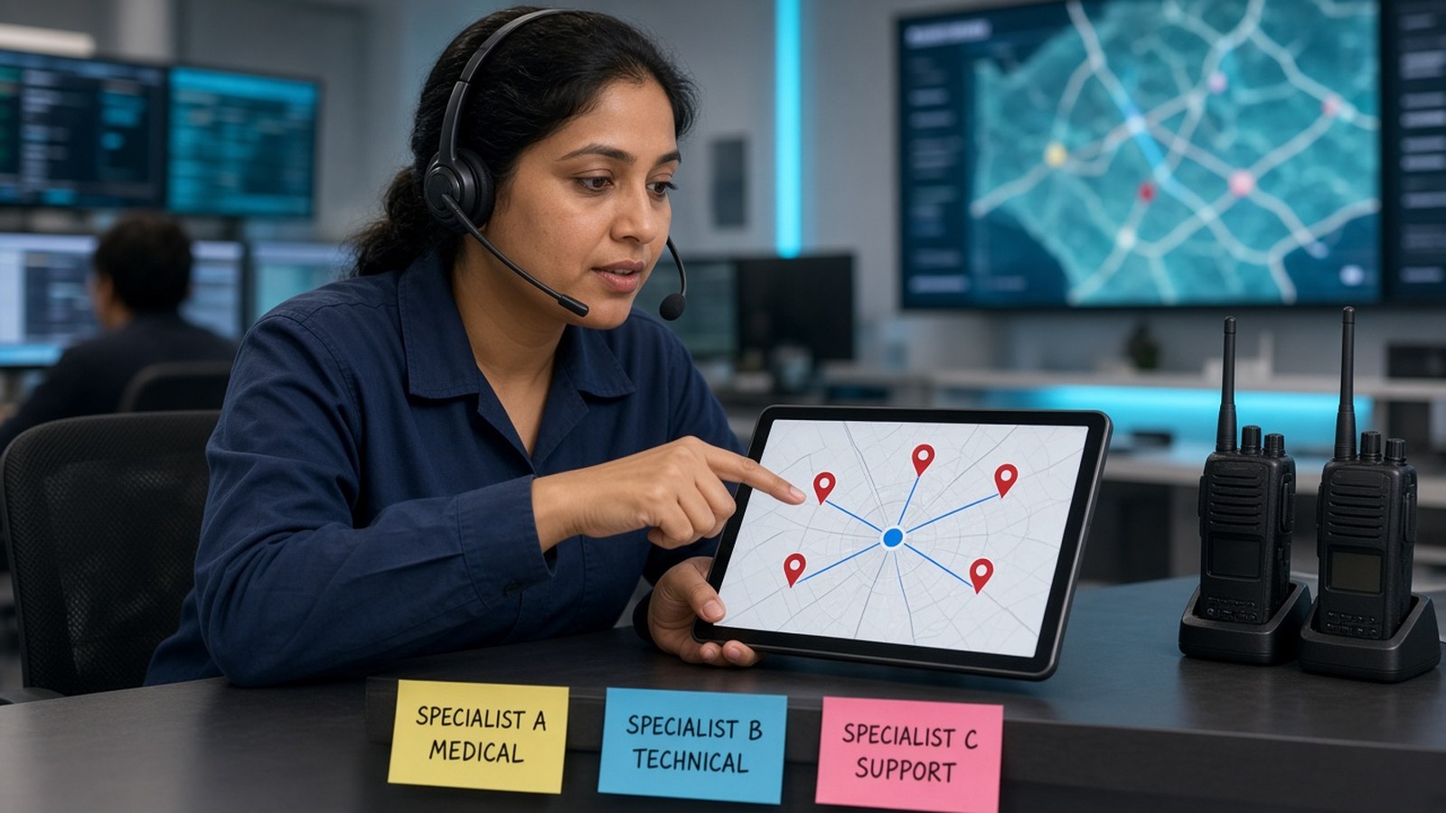 Headset coordinator + hub-spoke tablet, radios, specialist stickies