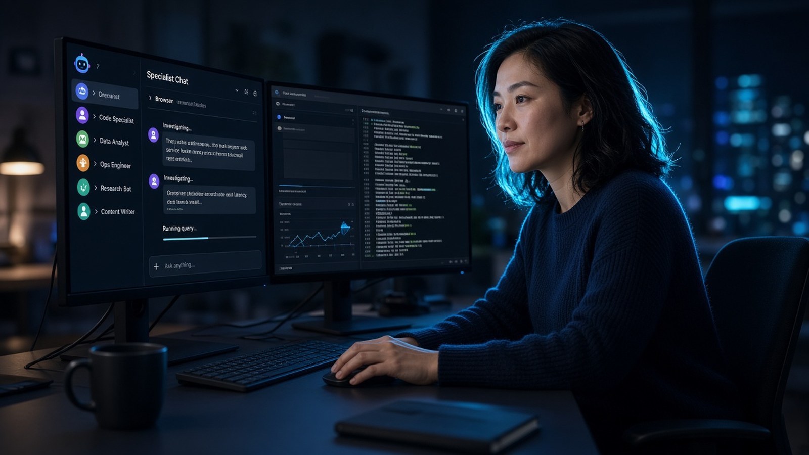 Woman at dual monitors using specialist AI-teammate chat with named bot sidebar