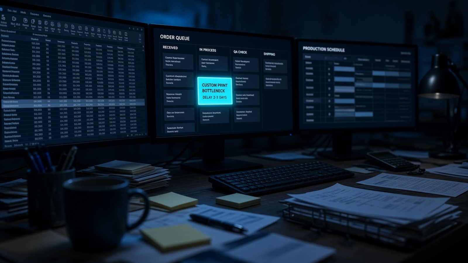 Abstract flowchart with a glowing bottleneck node on a dark blueprint grid