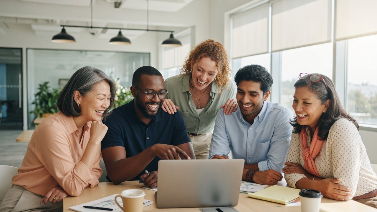 Colleagues working together around a laptop