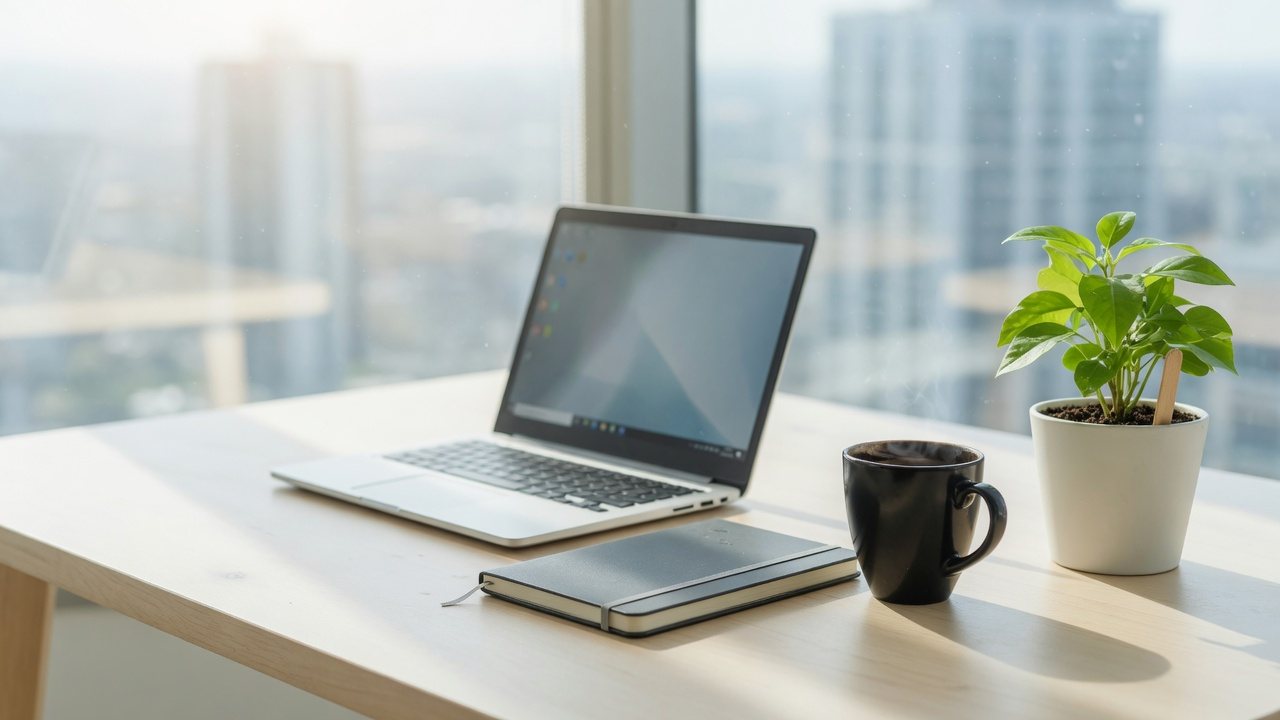 Laptop, notebook, and plant on a bright office desk