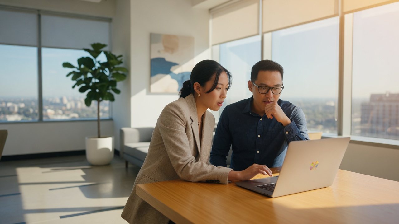 Two colleagues reviewing work on a laptop in a bright office