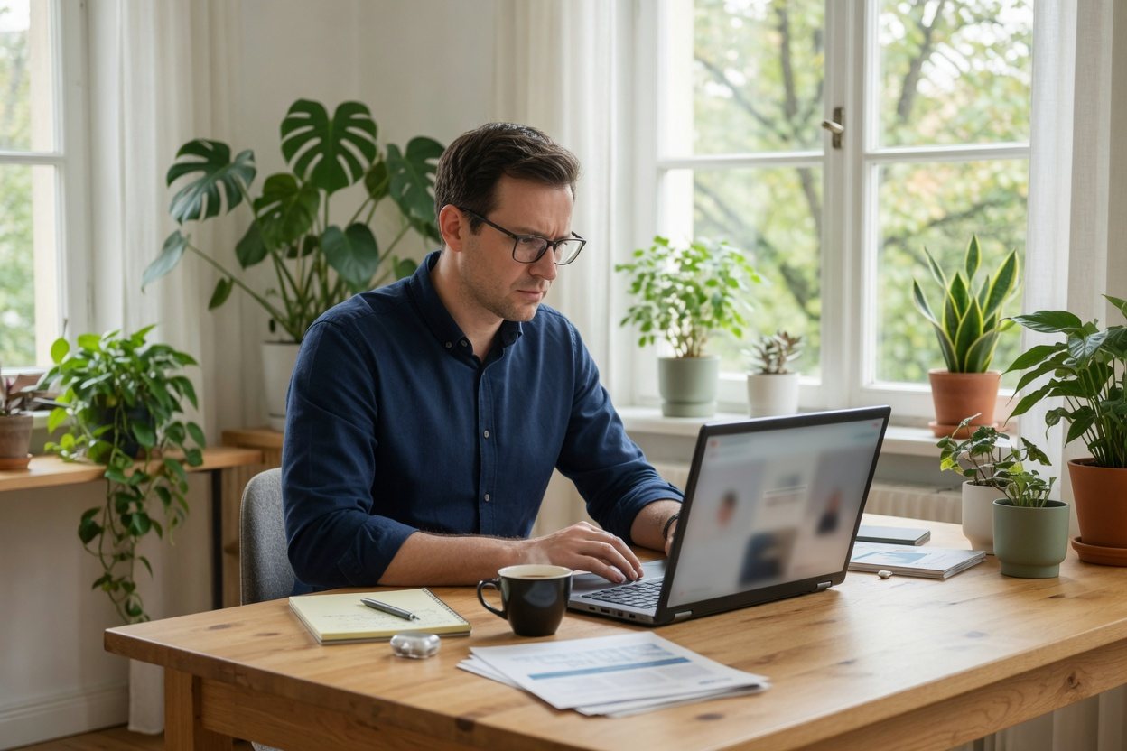 Builder working on a laptop in a bright office