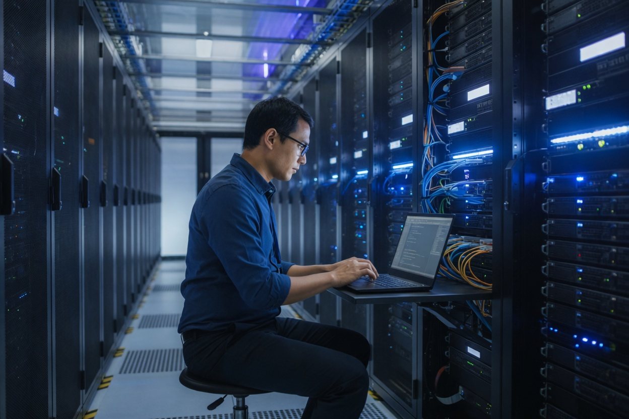 Engineer with a laptop beside server racks