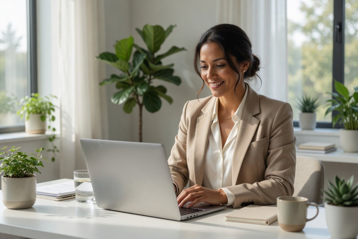 Producer working on a laptop in a bright office